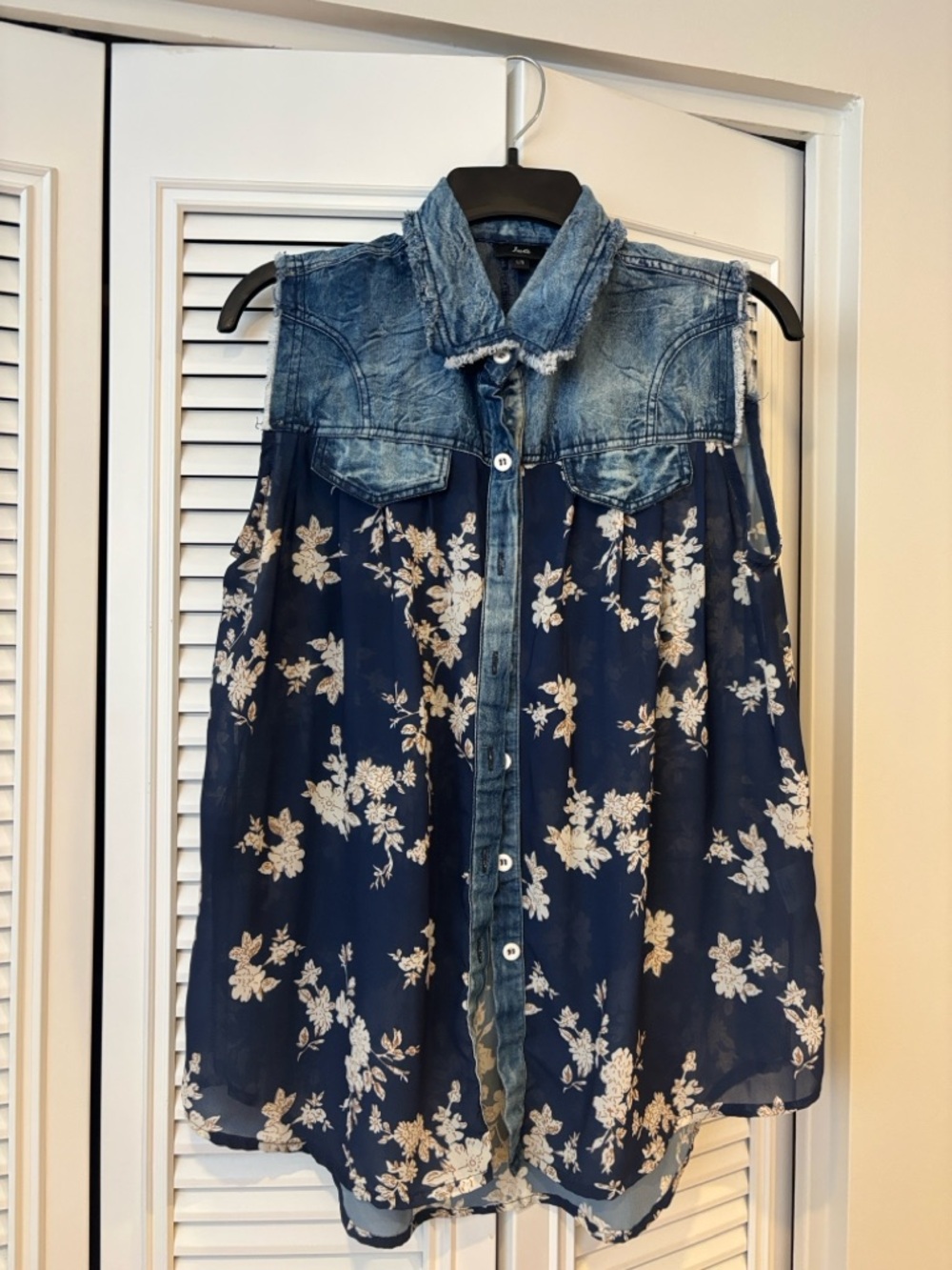Sleeveless  and Flowy Floral Tank with Denim Yoke